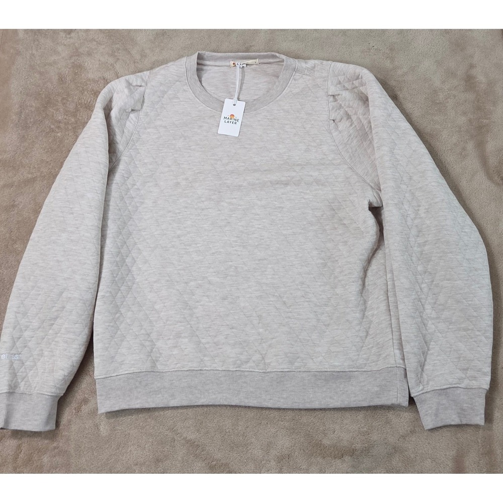 Marine Layer Corbet Diamond Quilted Puff Sleeve Crewneck Oat Beige Large 18404